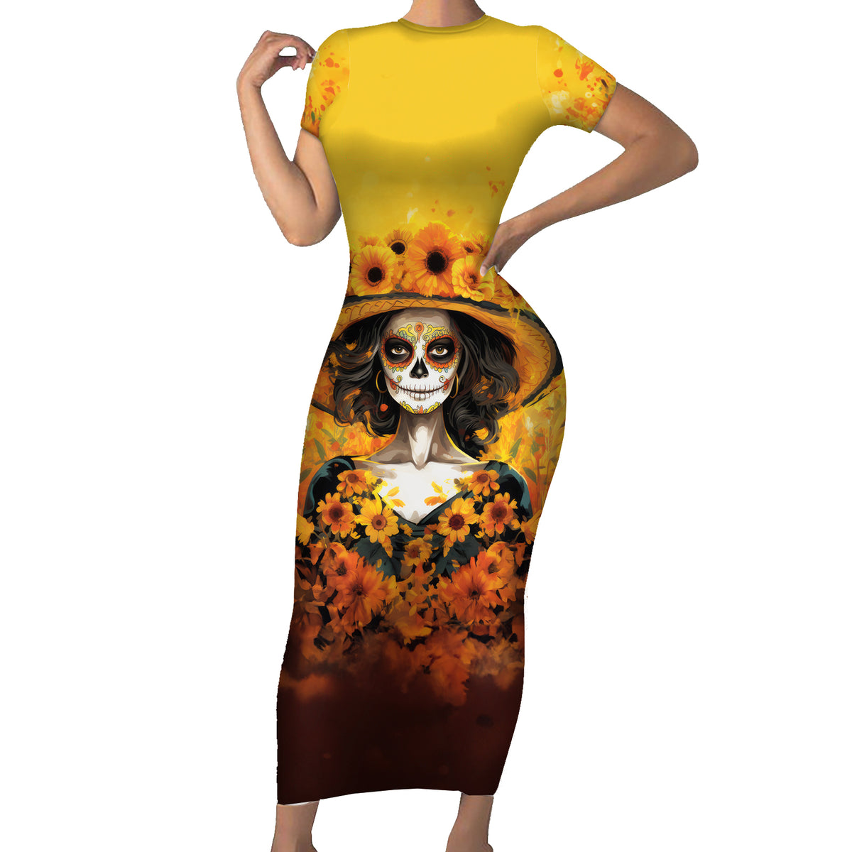 Day of Dead Lady Short Sleeve Bodycon Dress Sugar Skull Lady Sunflower - Wonder Print Shop