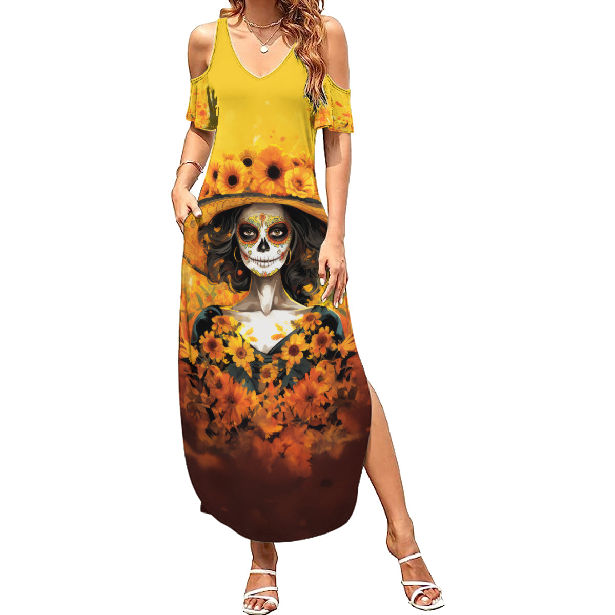 Day of Dead Lady Summer Maxi Dress Sugar Skull Lady Sunflower - Wonder Print Shop