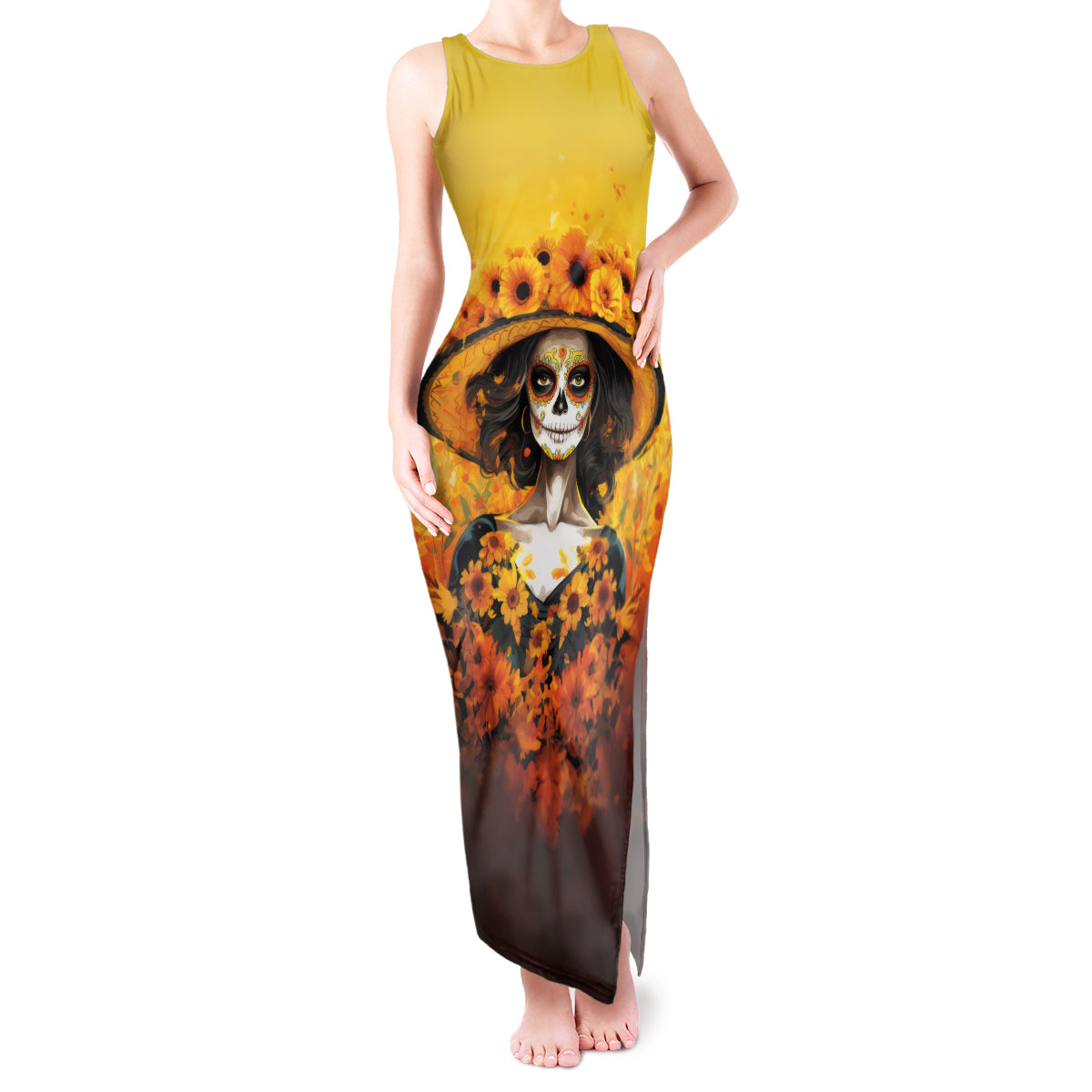 Day of Dead Lady Tank Maxi Dress Sugar Skull Lady Sunflower - Wonder Print Shop