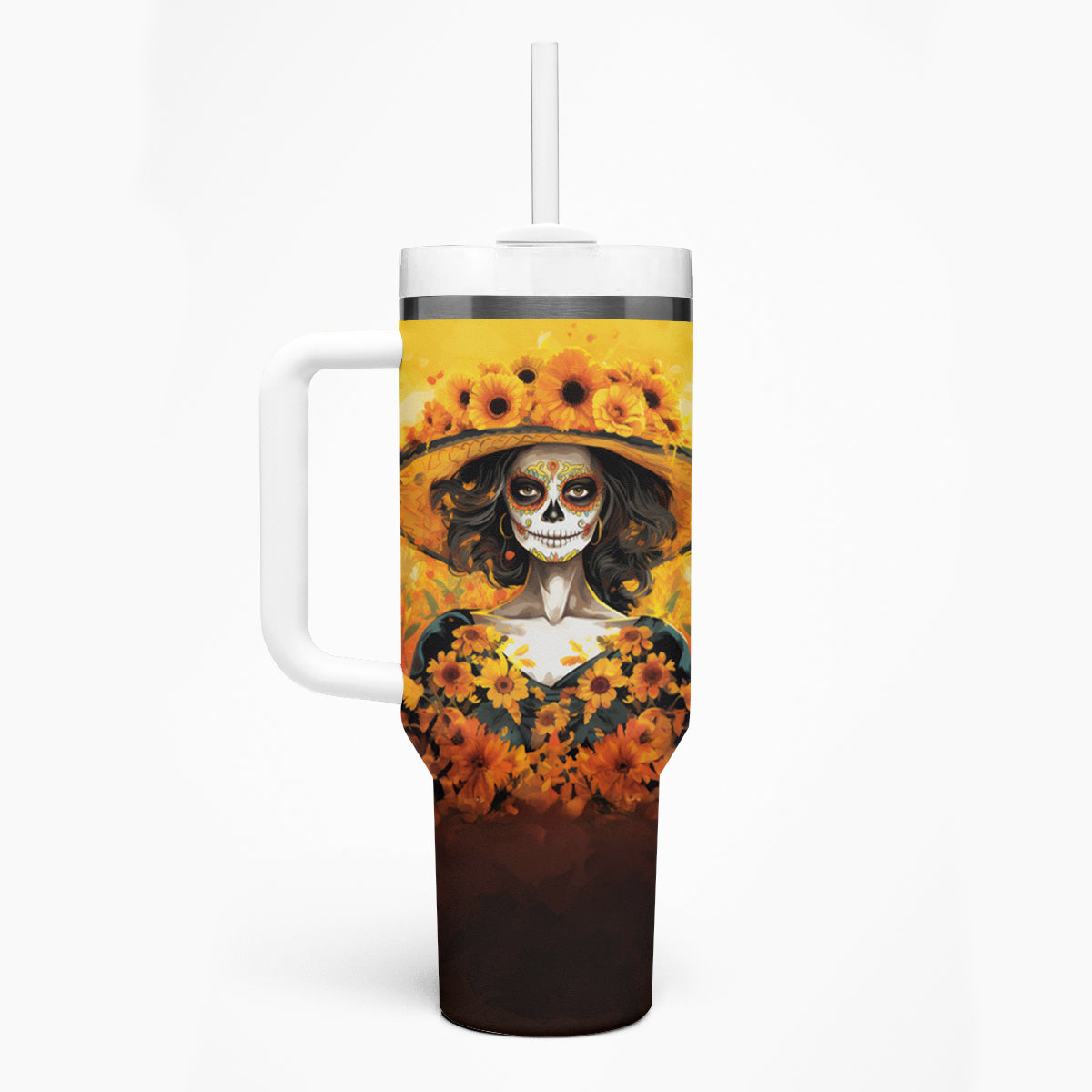Day of Dead Lady Tumbler With Handle Sugar Skull Lady Sunflower - Wonder Print Shop