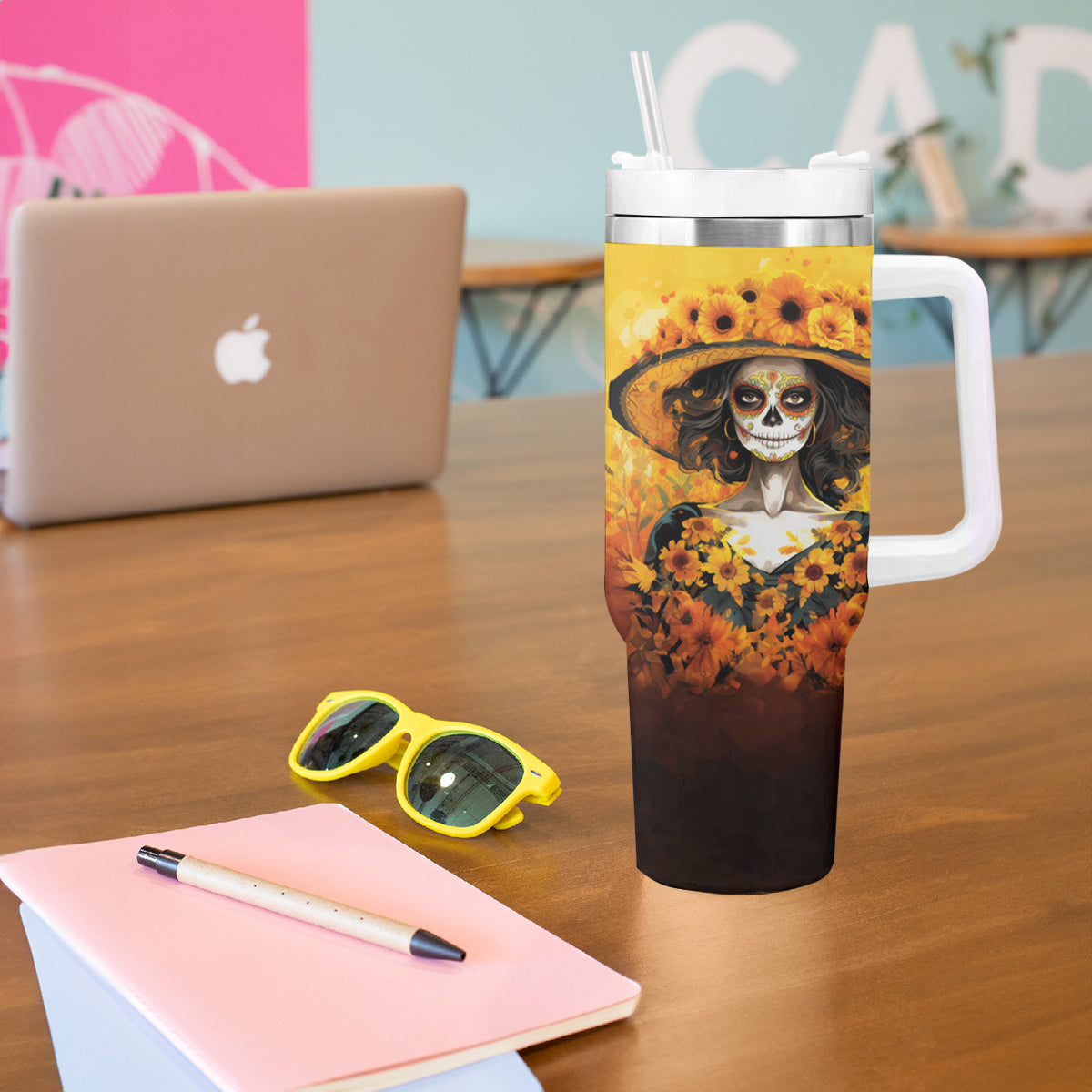 Day of Dead Lady Tumbler With Handle Sugar Skull Lady Sunflower - Wonder Print Shop