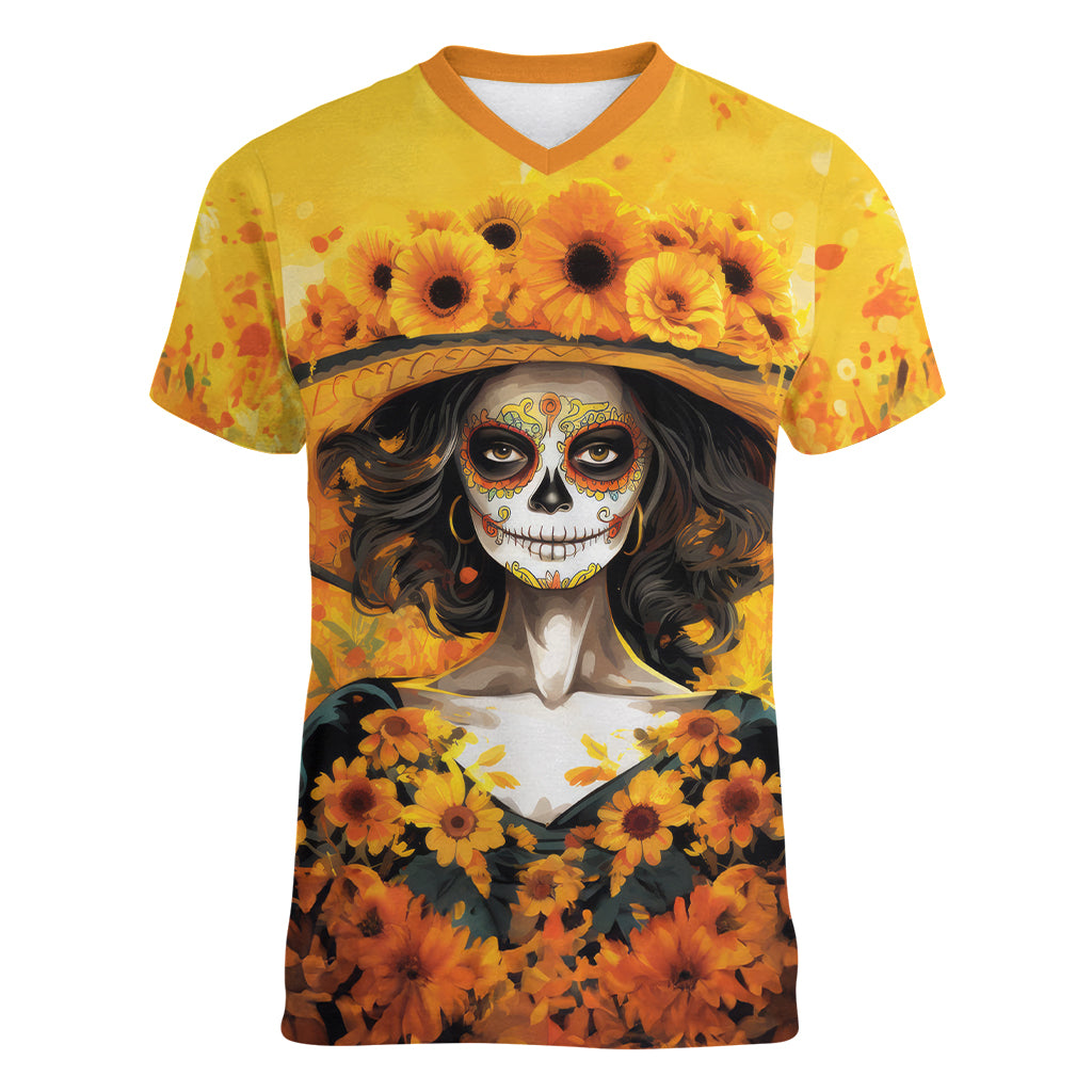 Day of Dead Lady Women V Neck T Shirt Sugar Skull Lady Sunflower - Wonder Print Shop