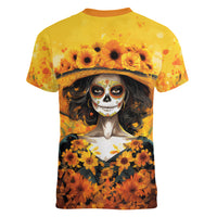 Day of Dead Lady Women V Neck T Shirt Sugar Skull Lady Sunflower - Wonder Print Shop