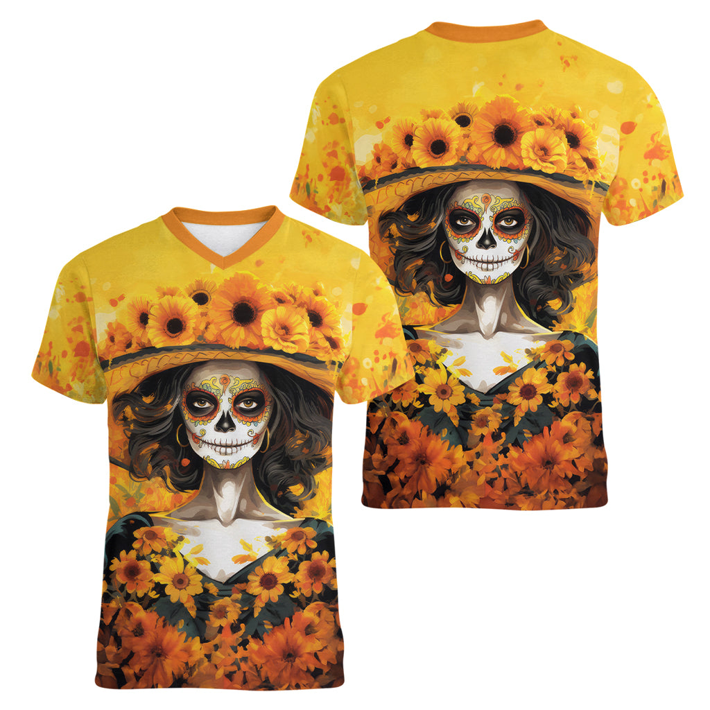 Day of Dead Lady Women V Neck T Shirt Sugar Skull Lady Sunflower - Wonder Print Shop