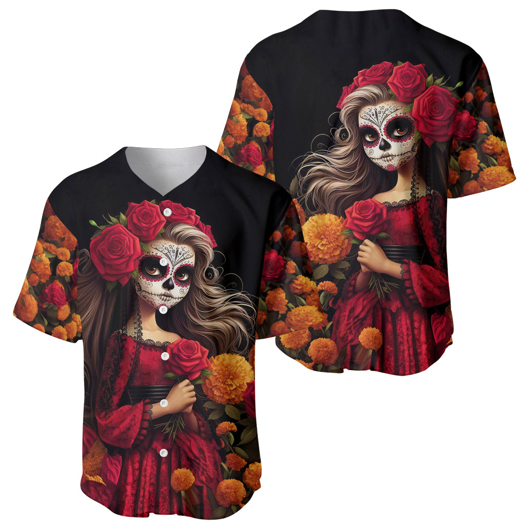 Day of Dead Girl Baseball Jersey Sugar Skull Girl Rose And Marigold - Wonder Print Shop