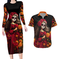Day of Dead Girl Couples Matching Long Sleeve Bodycon Dress and Hawaiian Shirt Sugar Skull Girl Rose And Marigold - Wonder Print Shop