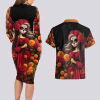 Day of Dead Girl Couples Matching Long Sleeve Bodycon Dress and Hawaiian Shirt Sugar Skull Girl Rose And Marigold - Wonder Print Shop