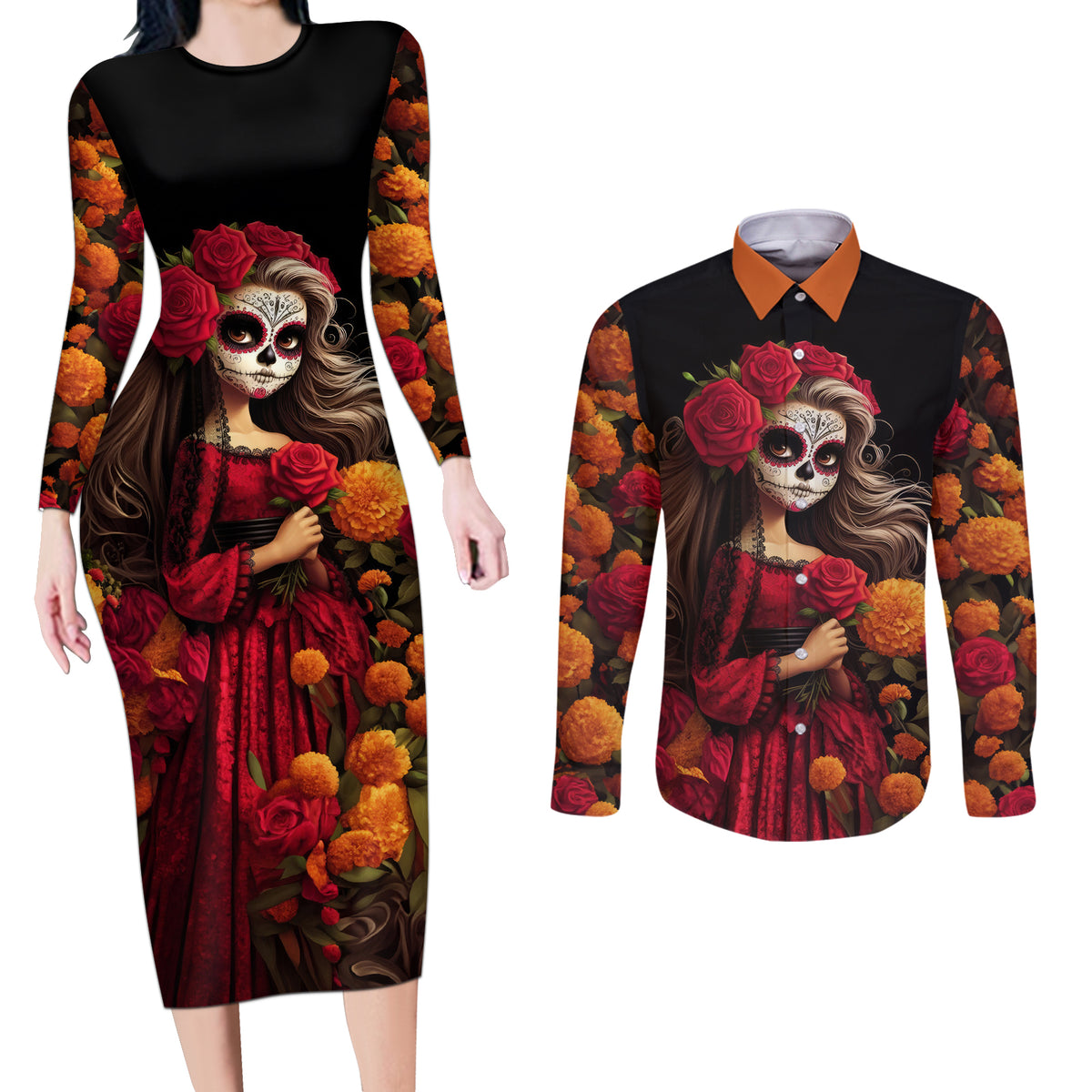 Day of Dead Girl Couples Matching Long Sleeve Bodycon Dress and Long Sleeve Button Shirt Sugar Skull Girl Rose And Marigold - Wonder Print Shop