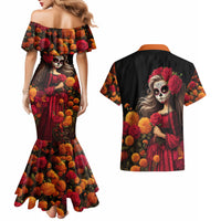 Day of Dead Girl Couples Matching Mermaid Dress and Hawaiian Shirt Sugar Skull Girl Rose And Marigold - Wonder Print Shop