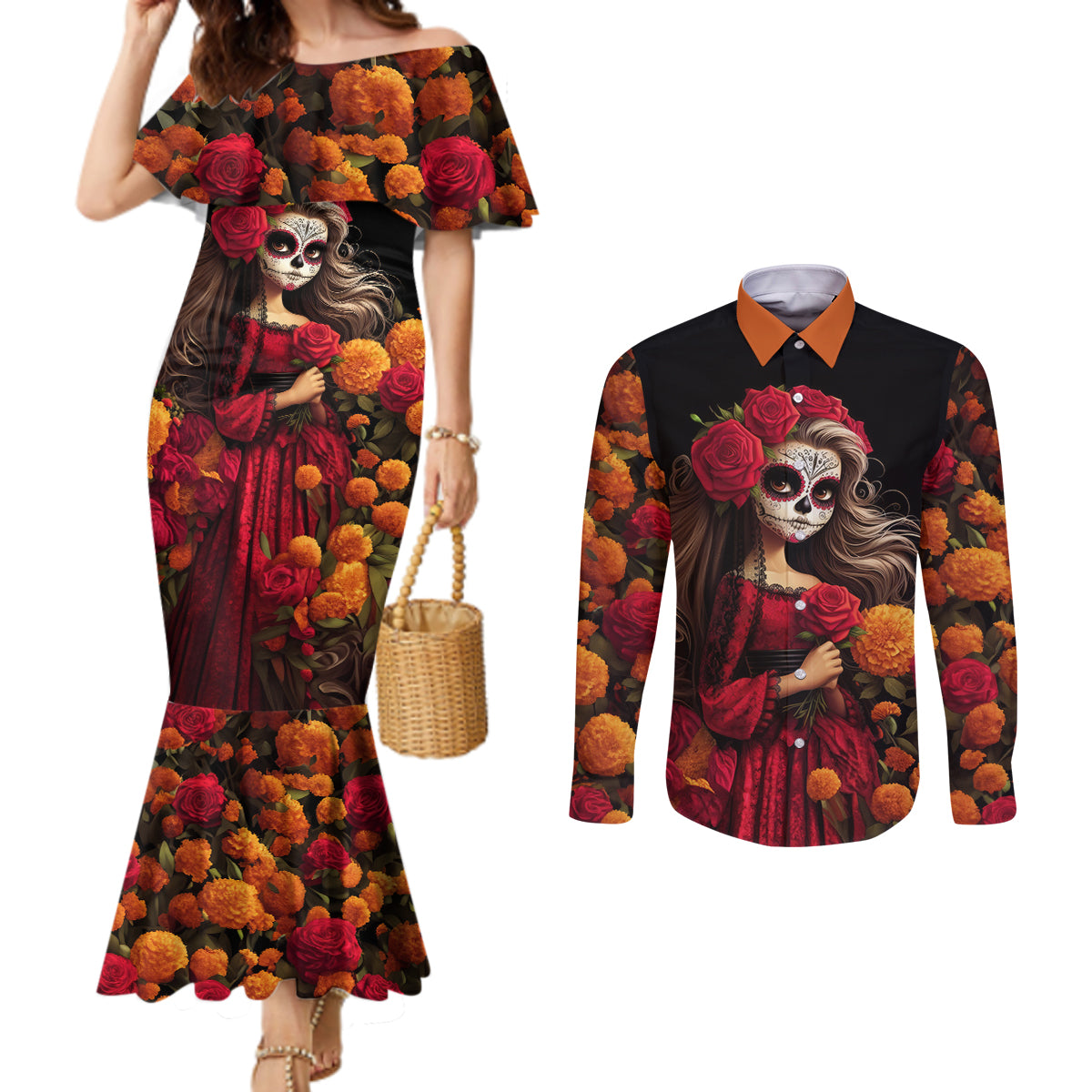 day-of-dead-girl-couples-matching-mermaid-dress-and-long-sleeve-button-shirt-sugar-skull-girl-rose-and-marigold