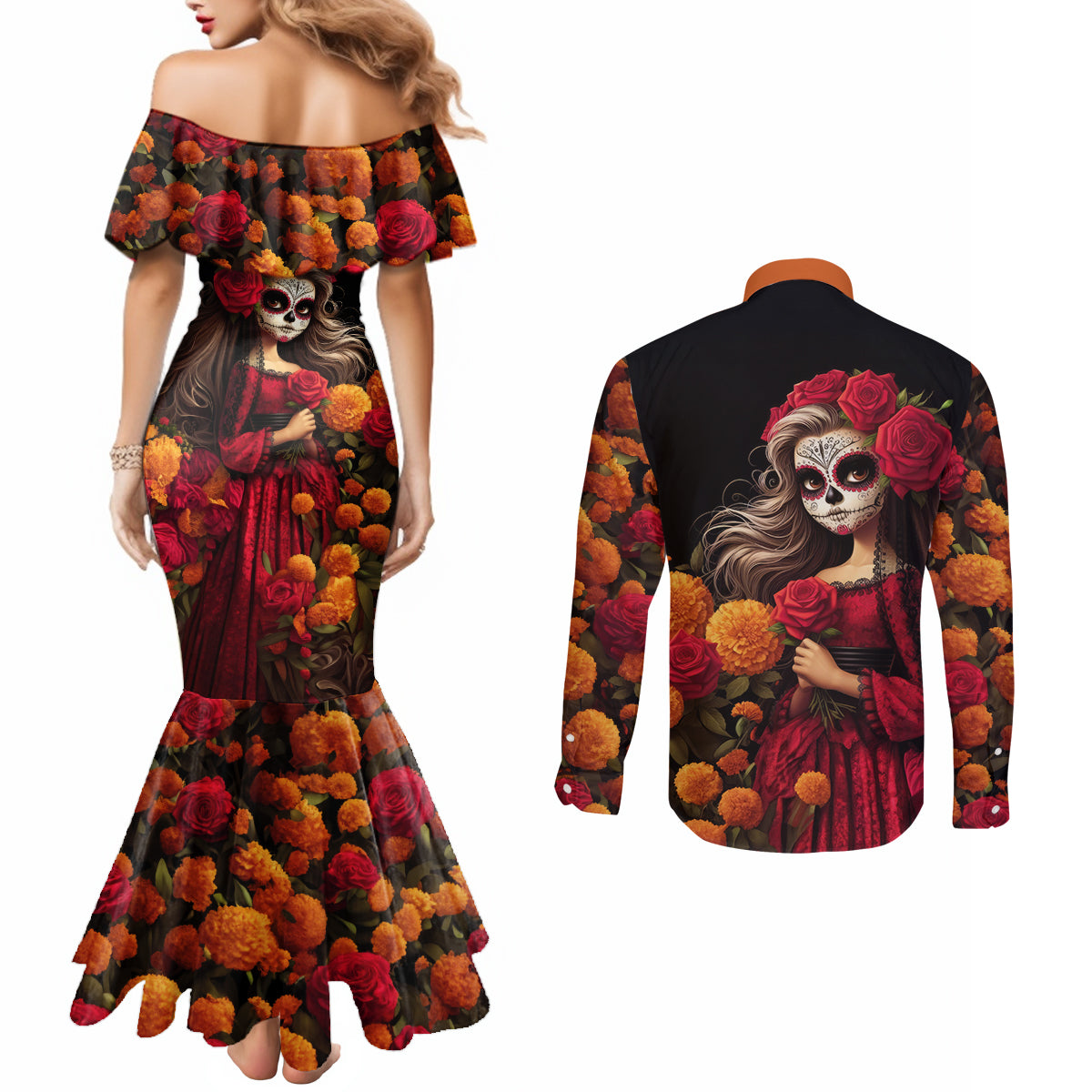 day-of-dead-girl-couples-matching-mermaid-dress-and-long-sleeve-button-shirt-sugar-skull-girl-rose-and-marigold