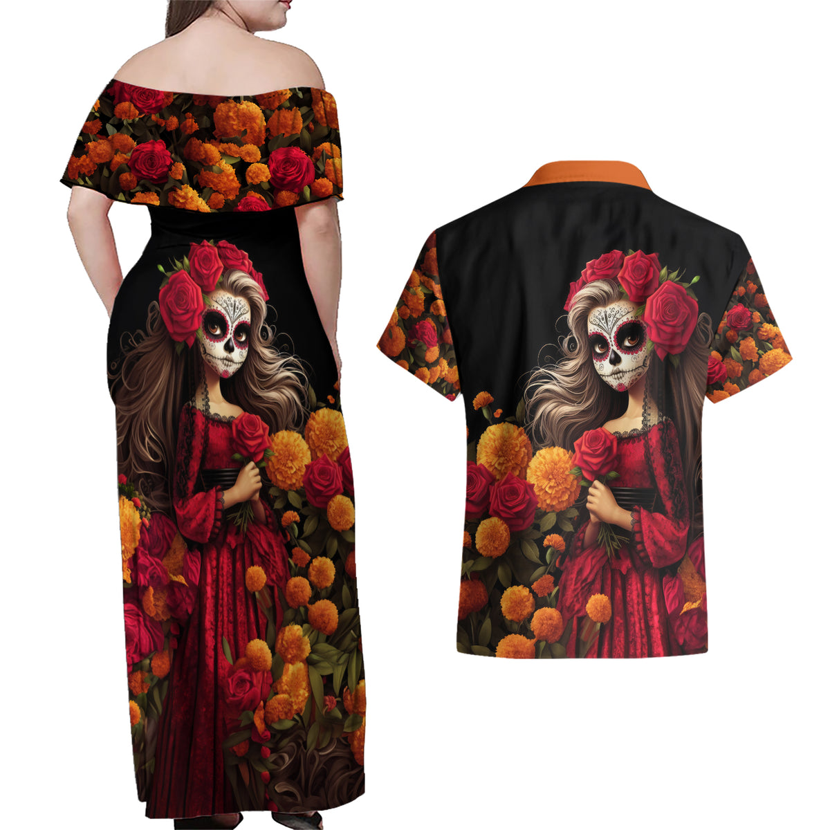 Day of Dead Girl Couples Matching Off Shoulder Maxi Dress and Hawaiian Shirt Sugar Skull Girl Rose And Marigold - Wonder Print Shop