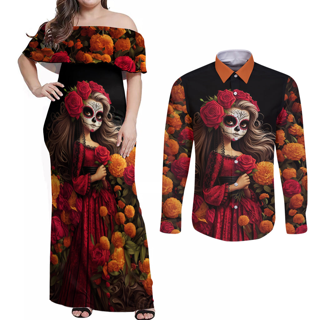 Day of Dead Girl Couples Matching Off Shoulder Maxi Dress and Long Sleeve Button Shirt Sugar Skull Girl Rose And Marigold - Wonder Print Shop