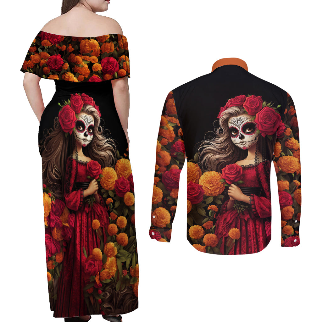 Day of Dead Girl Couples Matching Off Shoulder Maxi Dress and Long Sleeve Button Shirt Sugar Skull Girl Rose And Marigold - Wonder Print Shop