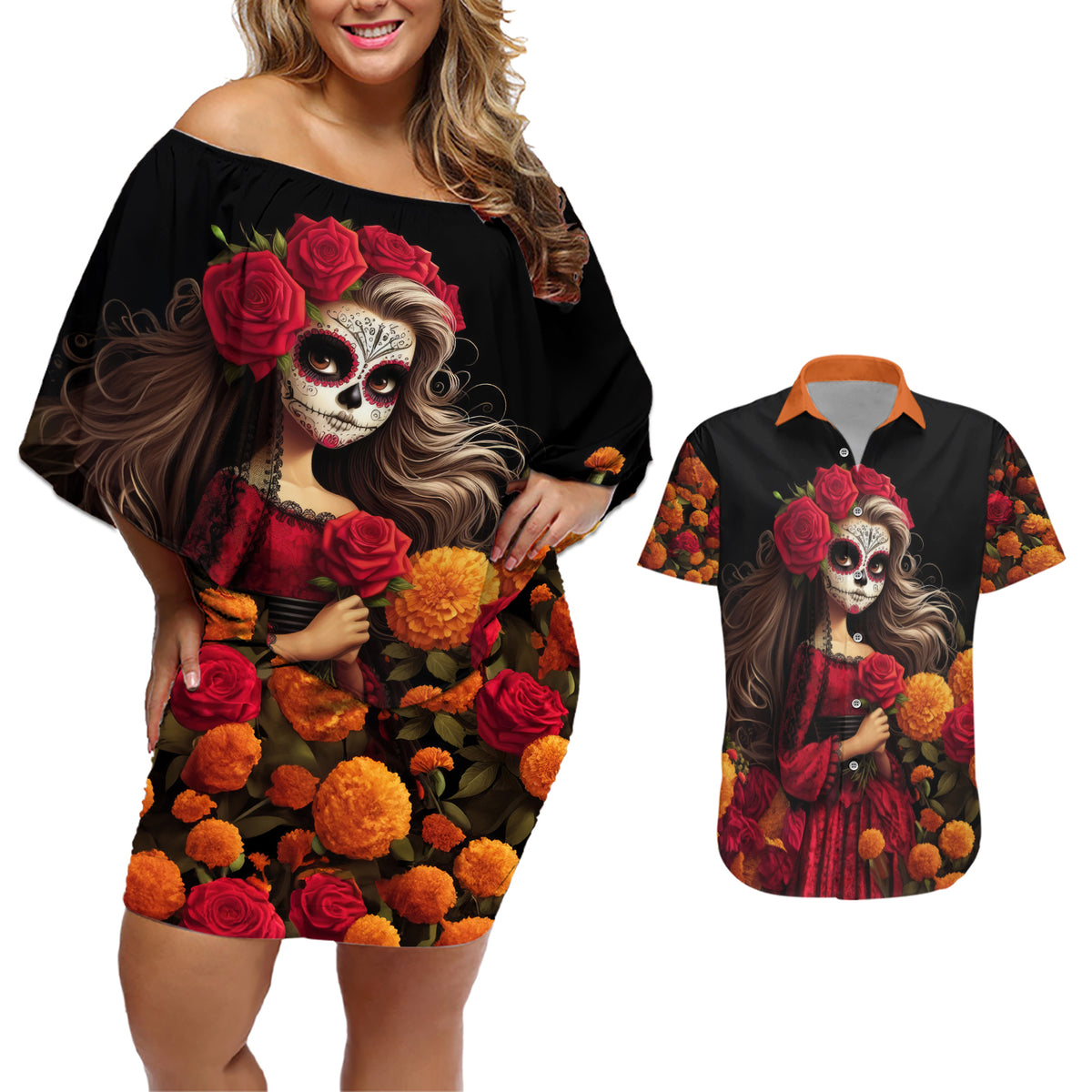 Day of Dead Girl Couples Matching Off Shoulder Short Dress and Hawaiian Shirt Sugar Skull Girl Rose And Marigold - Wonder Print Shop