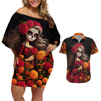 Day of Dead Girl Couples Matching Off Shoulder Short Dress and Hawaiian Shirt Sugar Skull Girl Rose And Marigold - Wonder Print Shop