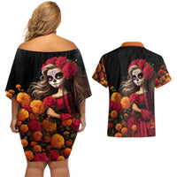 Day of Dead Girl Couples Matching Off Shoulder Short Dress and Hawaiian Shirt Sugar Skull Girl Rose And Marigold - Wonder Print Shop