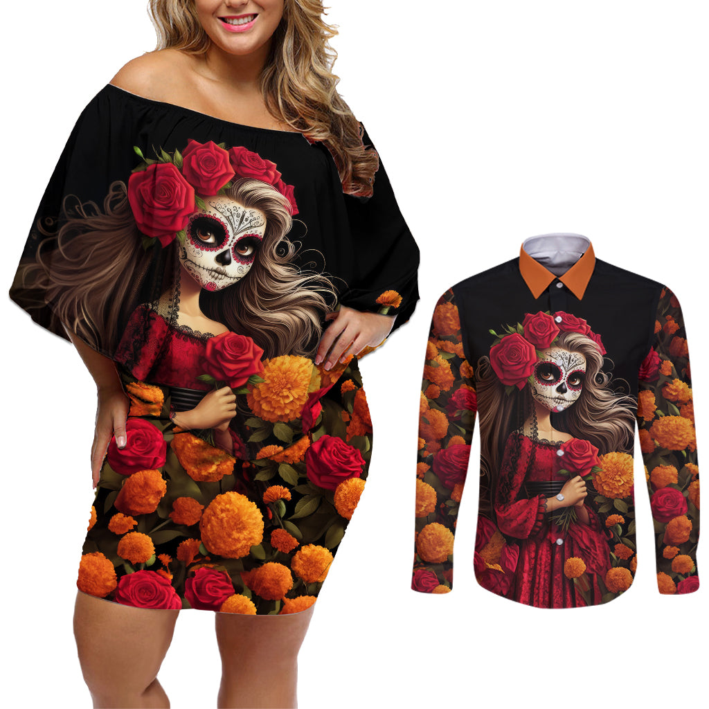 Day of Dead Girl Couples Matching Off Shoulder Short Dress and Long Sleeve Button Shirt Sugar Skull Girl Rose And Marigold - Wonder Print Shop