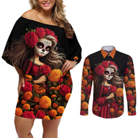 Day of Dead Girl Couples Matching Off Shoulder Short Dress and Long Sleeve Button Shirt Sugar Skull Girl Rose And Marigold - Wonder Print Shop