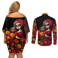 Day of Dead Girl Couples Matching Off Shoulder Short Dress and Long Sleeve Button Shirt Sugar Skull Girl Rose And Marigold - Wonder Print Shop