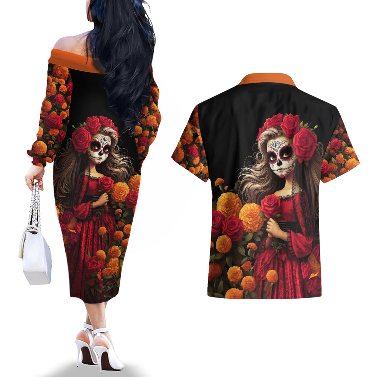 Day of Dead Girl Couples Matching Off The Shoulder Long Sleeve Dress and Hawaiian Shirt Sugar Skull Girl Rose And Marigold - Wonder Print Shop