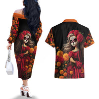 Day of Dead Girl Couples Matching Off The Shoulder Long Sleeve Dress and Hawaiian Shirt Sugar Skull Girl Rose And Marigold - Wonder Print Shop
