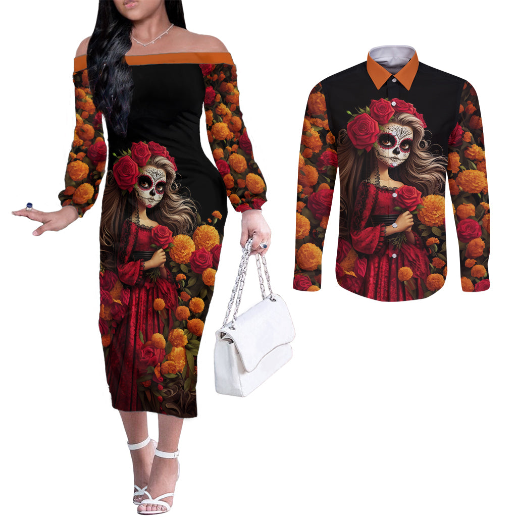 day-of-dead-girl-couples-matching-off-the-shoulder-long-sleeve-dress-and-long-sleeve-button-shirt-sugar-skull-girl-rose-and-marigold