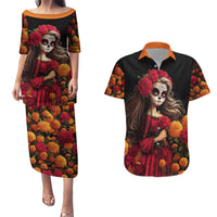 Day of Dead Girl Couples Matching Puletasi Dress and Hawaiian Shirt Sugar Skull Girl Rose And Marigold - Wonder Print Shop