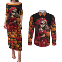 Day of Dead Girl Couples Matching Puletasi Dress and Long Sleeve Button Shirt Sugar Skull Girl Rose And Marigold - Wonder Print Shop