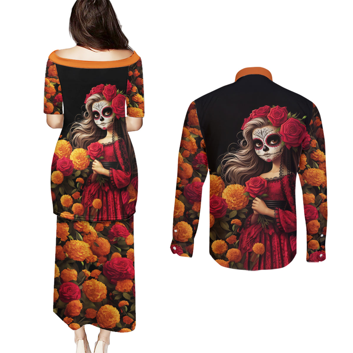 Day of Dead Girl Couples Matching Puletasi Dress and Long Sleeve Button Shirt Sugar Skull Girl Rose And Marigold - Wonder Print Shop