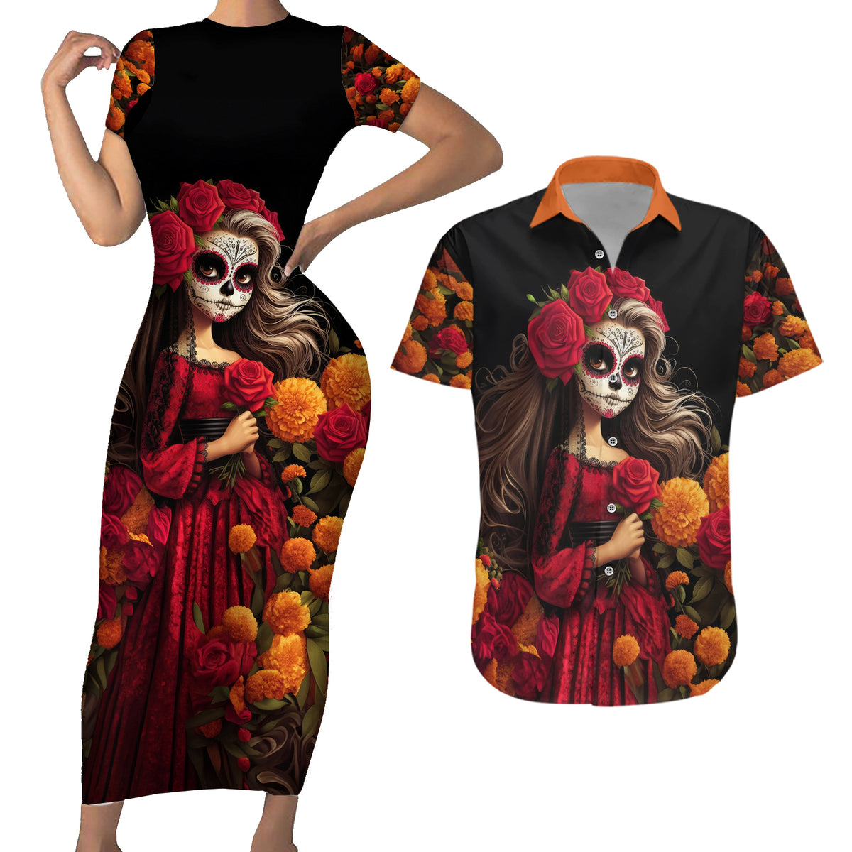Day of Dead Girl Couples Matching Short Sleeve Bodycon Dress and Hawaiian Shirt Sugar Skull Girl Rose And Marigold - Wonder Print Shop