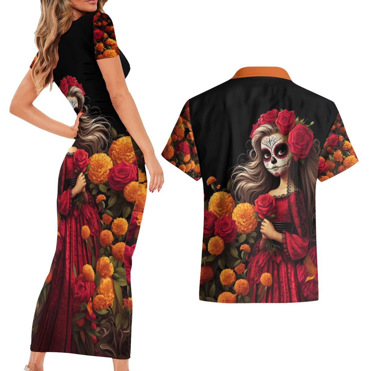 Day of Dead Girl Couples Matching Short Sleeve Bodycon Dress and Hawaiian Shirt Sugar Skull Girl Rose And Marigold - Wonder Print Shop