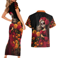 Day of Dead Girl Couples Matching Short Sleeve Bodycon Dress and Hawaiian Shirt Sugar Skull Girl Rose And Marigold - Wonder Print Shop