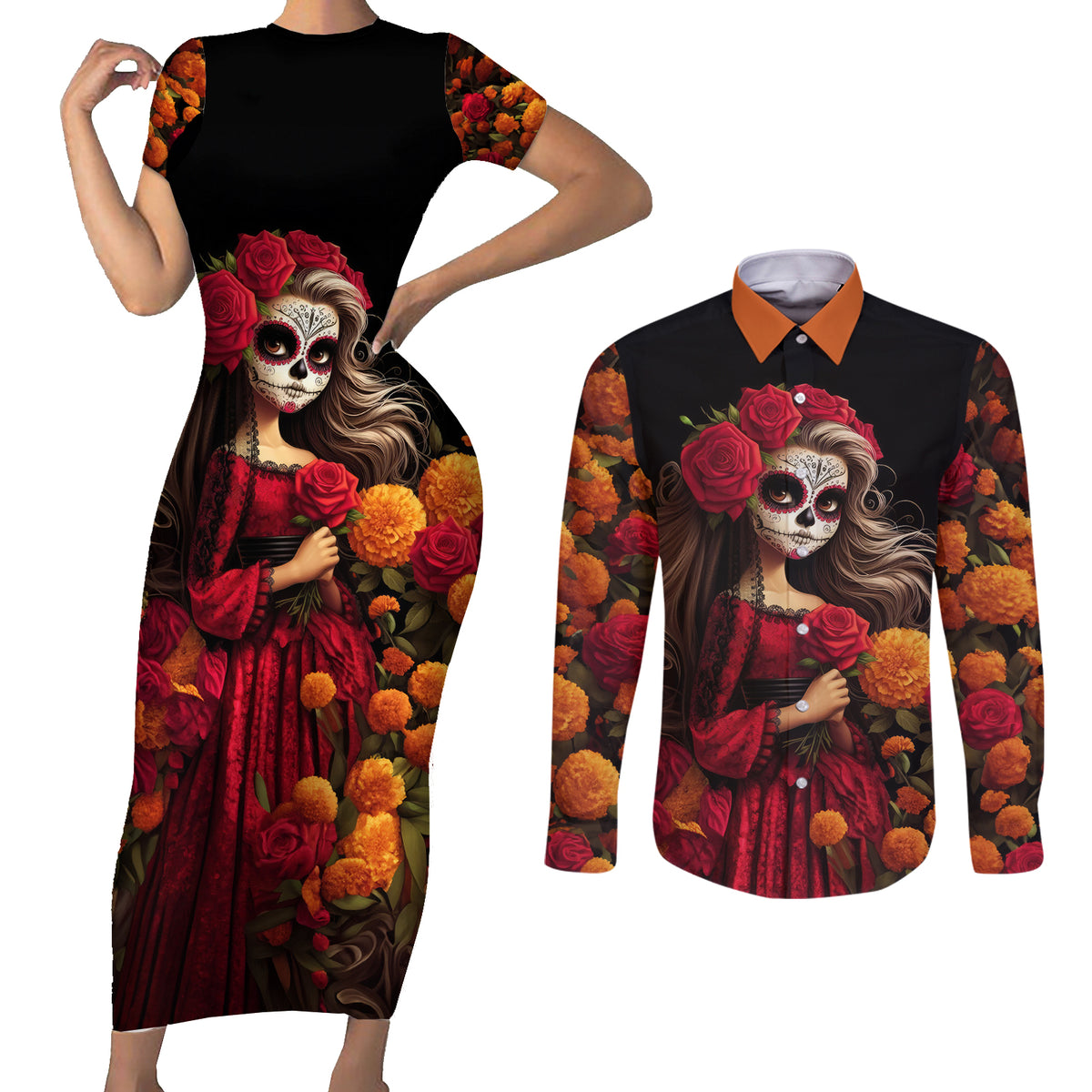 Day of Dead Girl Couples Matching Short Sleeve Bodycon Dress and Long Sleeve Button Shirt Sugar Skull Girl Rose And Marigold - Wonder Print Shop
