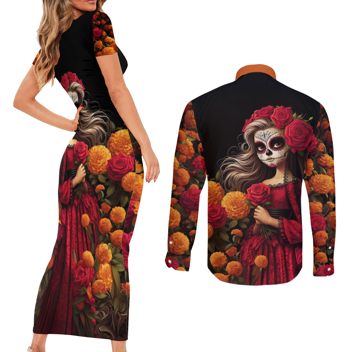 Day of Dead Girl Couples Matching Short Sleeve Bodycon Dress and Long Sleeve Button Shirt Sugar Skull Girl Rose And Marigold - Wonder Print Shop