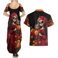 Day of Dead Girl Couples Matching Summer Maxi Dress and Hawaiian Shirt Sugar Skull Girl Rose And Marigold - Wonder Print Shop