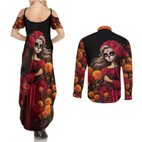 Day of Dead Girl Couples Matching Summer Maxi Dress and Long Sleeve Button Shirt Sugar Skull Girl Rose And Marigold - Wonder Print Shop