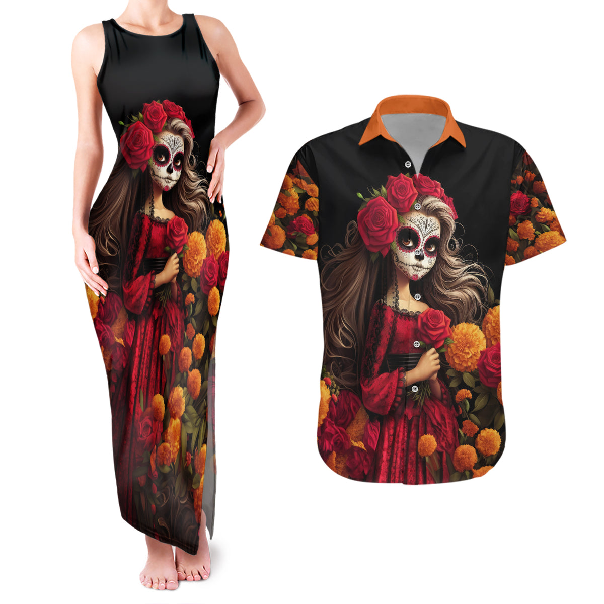 Day of Dead Girl Couples Matching Tank Maxi Dress and Hawaiian Shirt Sugar Skull Girl Rose And Marigold - Wonder Print Shop