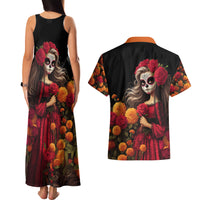 Day of Dead Girl Couples Matching Tank Maxi Dress and Hawaiian Shirt Sugar Skull Girl Rose And Marigold - Wonder Print Shop