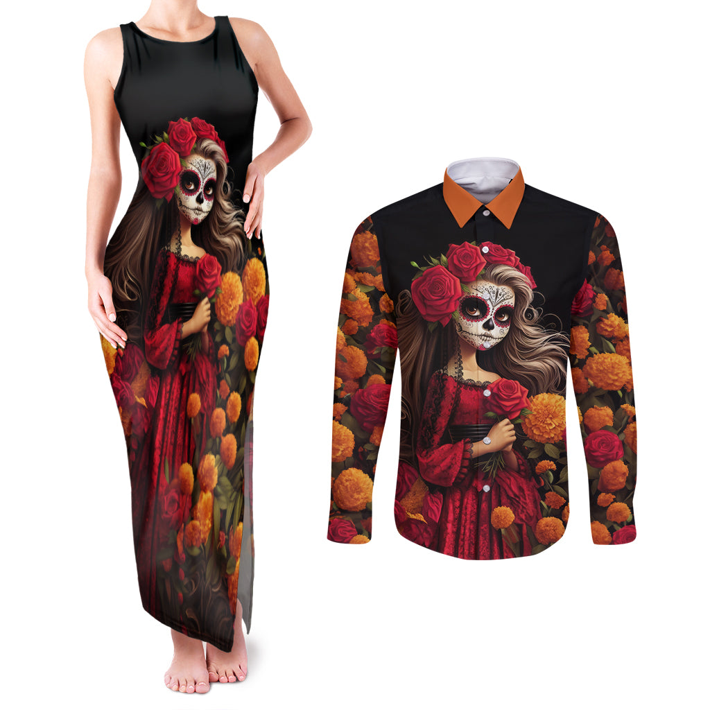 Day of Dead Girl Couples Matching Tank Maxi Dress and Long Sleeve Button Shirt Sugar Skull Girl Rose And Marigold - Wonder Print Shop