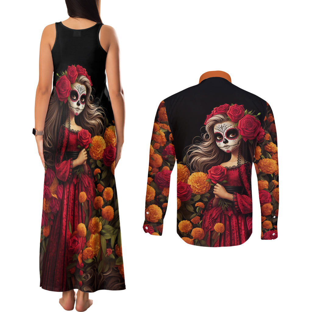 Day of Dead Girl Couples Matching Tank Maxi Dress and Long Sleeve Button Shirt Sugar Skull Girl Rose And Marigold - Wonder Print Shop