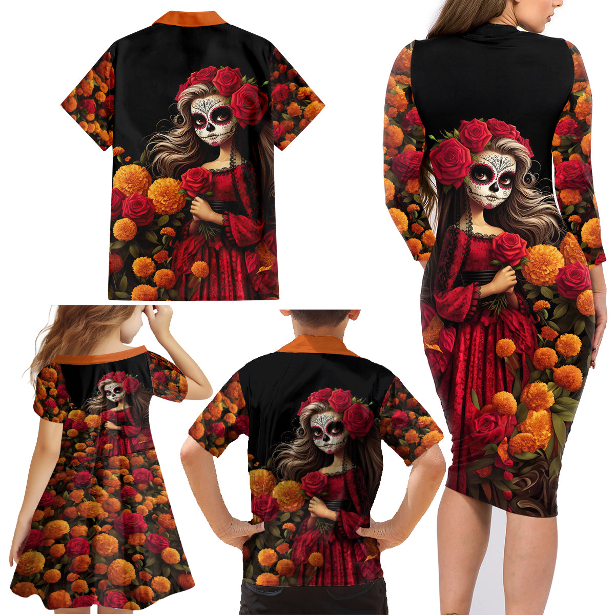 Day of Dead Girl Family Matching Long Sleeve Bodycon Dress and Hawaiian Shirt Sugar Skull Girl Rose And Marigold - Wonder Print Shop