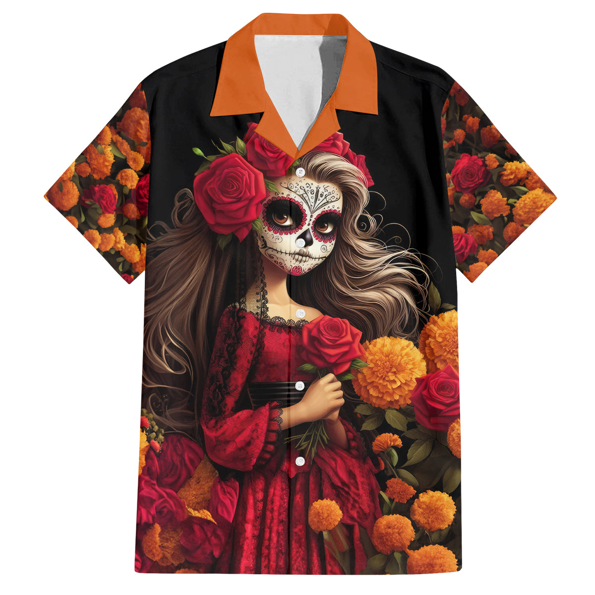 Day of Dead Girl Family Matching Long Sleeve Bodycon Dress and Hawaiian Shirt Sugar Skull Girl Rose And Marigold - Wonder Print Shop