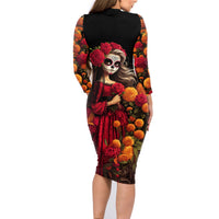 Day of Dead Girl Family Matching Long Sleeve Bodycon Dress and Hawaiian Shirt Sugar Skull Girl Rose And Marigold - Wonder Print Shop