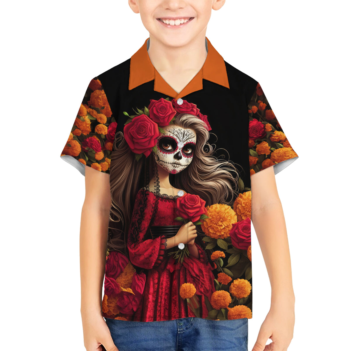 Day of Dead Girl Family Matching Long Sleeve Bodycon Dress and Hawaiian Shirt Sugar Skull Girl Rose And Marigold - Wonder Print Shop