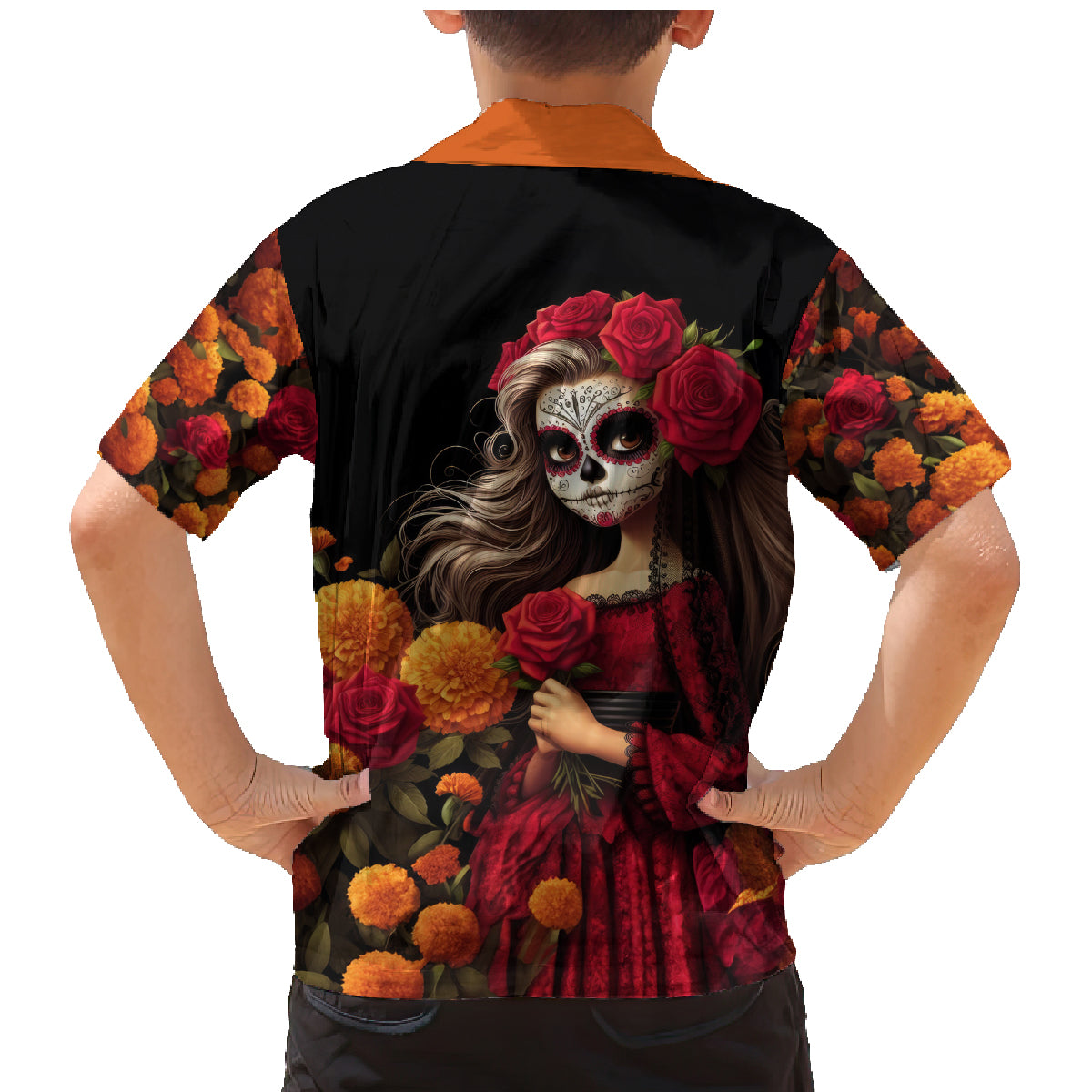 Day of Dead Girl Family Matching Mermaid Dress and Hawaiian Shirt Sugar Skull Girl Rose And Marigold - Wonder Print Shop