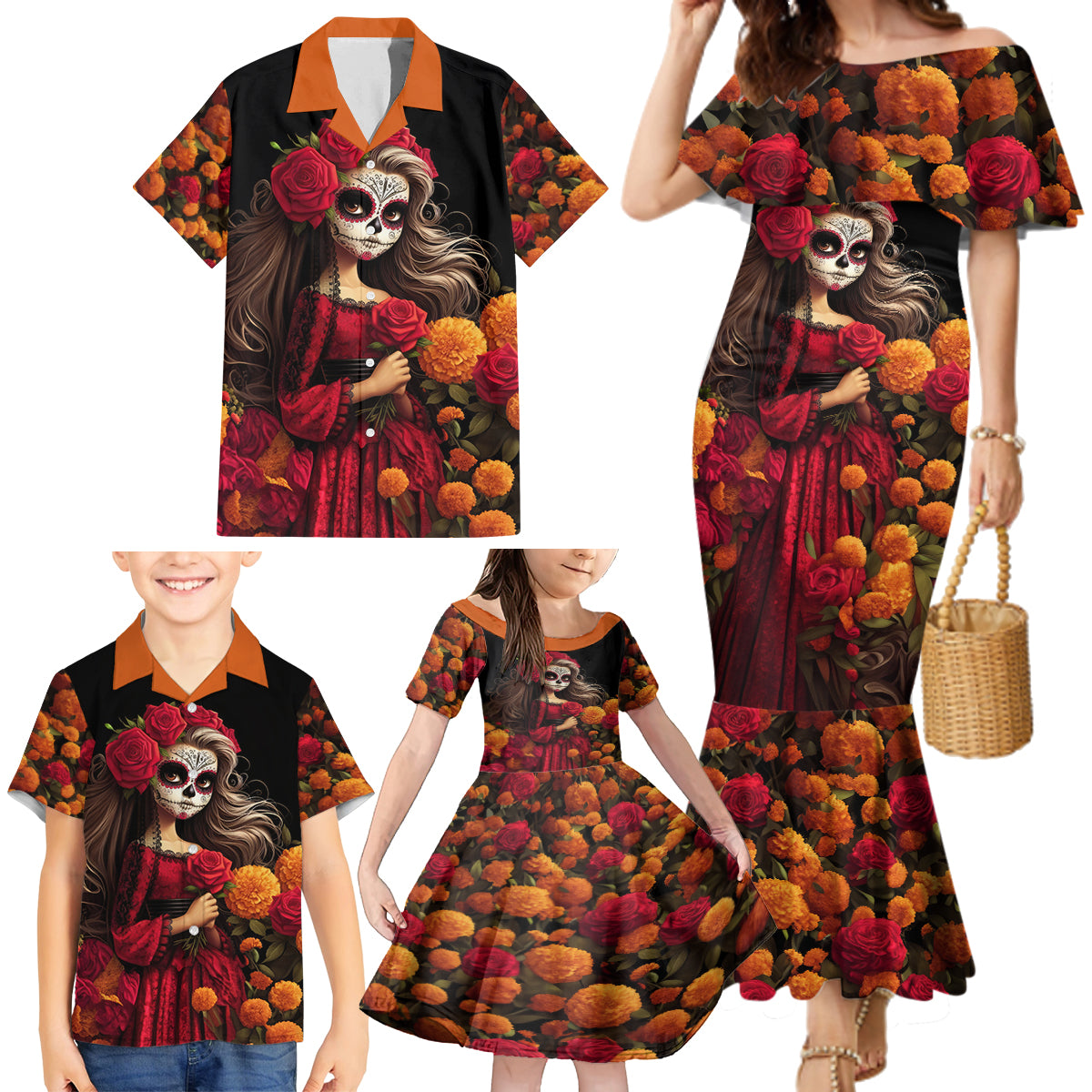 Day of Dead Girl Family Matching Mermaid Dress and Hawaiian Shirt Sugar Skull Girl Rose And Marigold - Wonder Print Shop