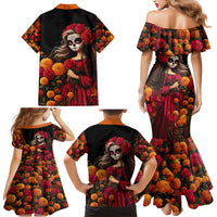Day of Dead Girl Family Matching Mermaid Dress and Hawaiian Shirt Sugar Skull Girl Rose And Marigold - Wonder Print Shop