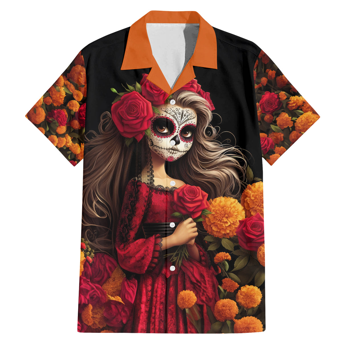 Day of Dead Girl Family Matching Mermaid Dress and Hawaiian Shirt Sugar Skull Girl Rose And Marigold - Wonder Print Shop