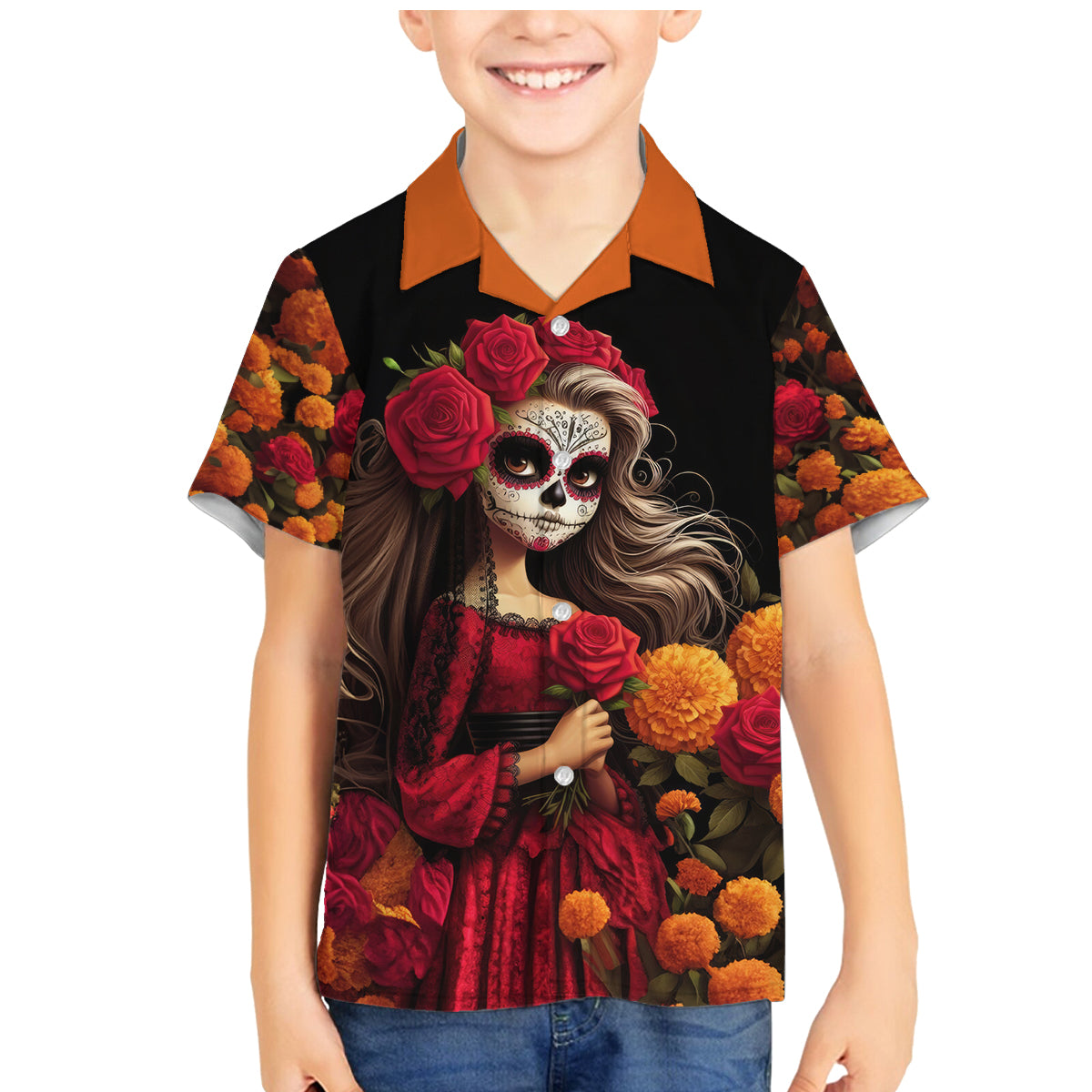 Day of Dead Girl Family Matching Mermaid Dress and Hawaiian Shirt Sugar Skull Girl Rose And Marigold - Wonder Print Shop